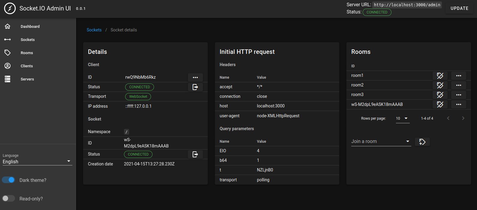 Captura de pantalla de la página mostrando los detalles de un socket